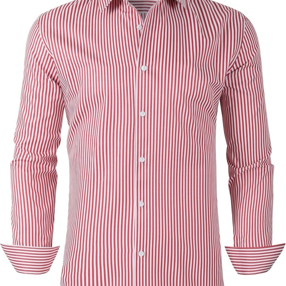 Men's Red & White Striped Dress Shirt - Tailored Spread Collar